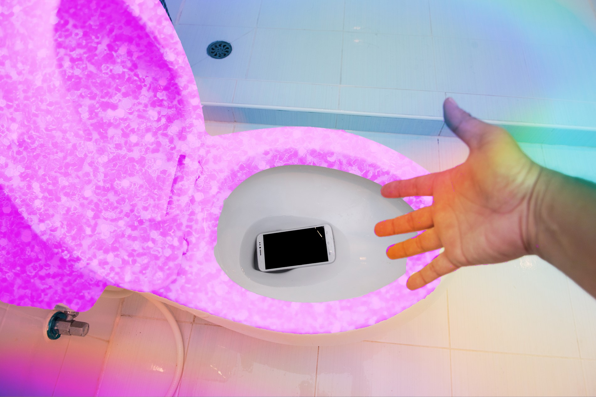 Dropping a phone in a pink toilet