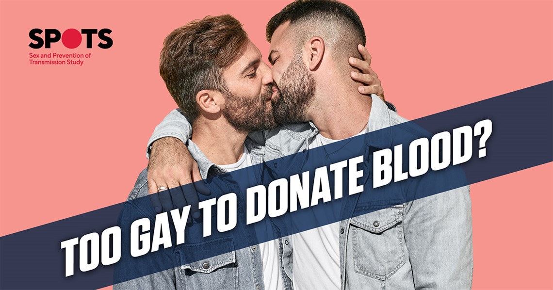 "To gay to donate blood?" two guys kissing in the background