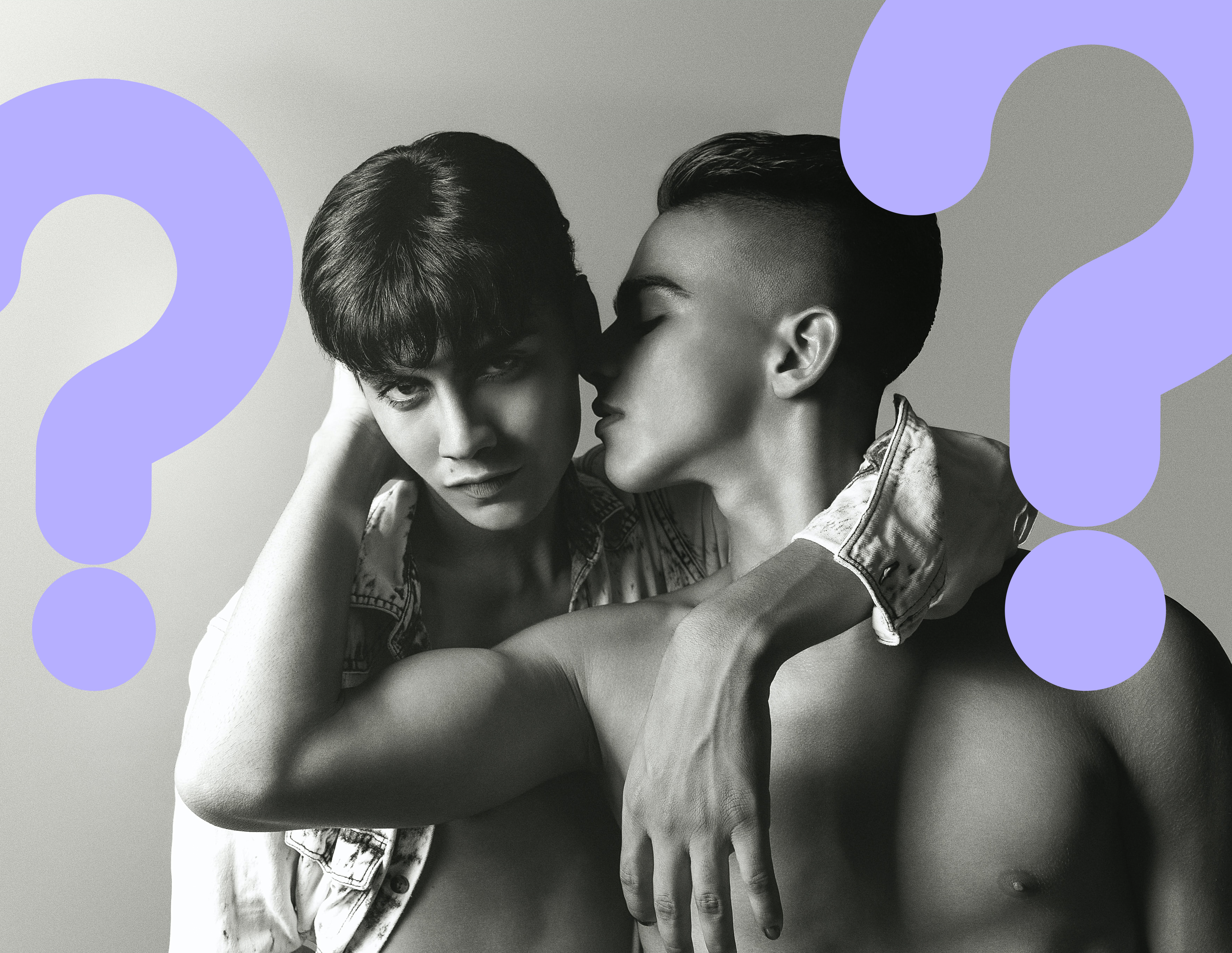 Two men posing intimately, two question marks