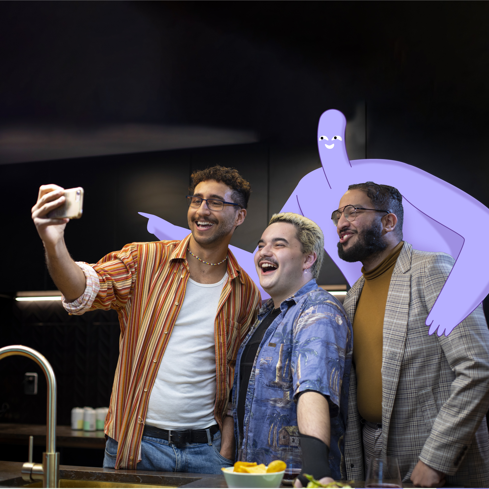 3 people taking a photo at a party with the Syphilis character