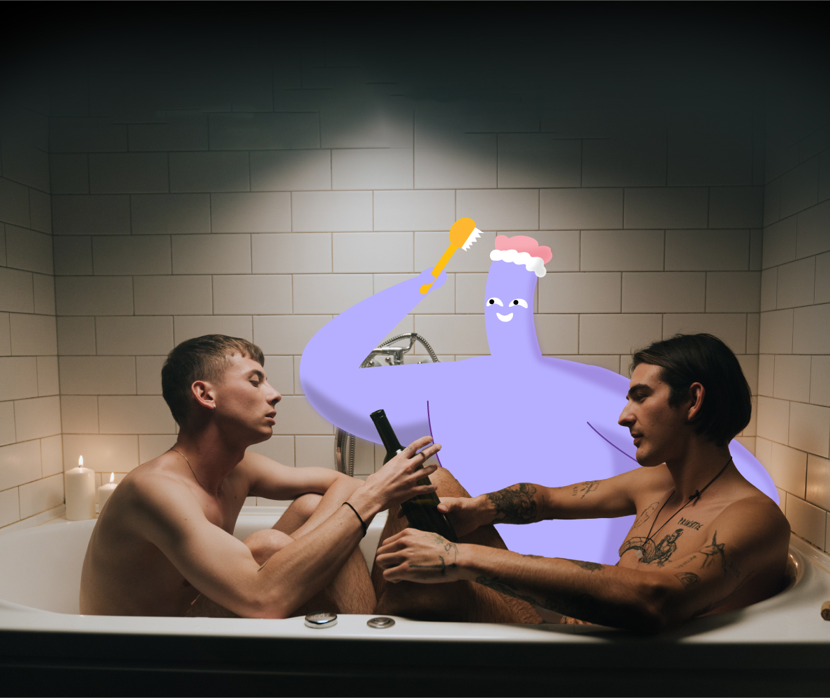 People in the bath with the syphilis character