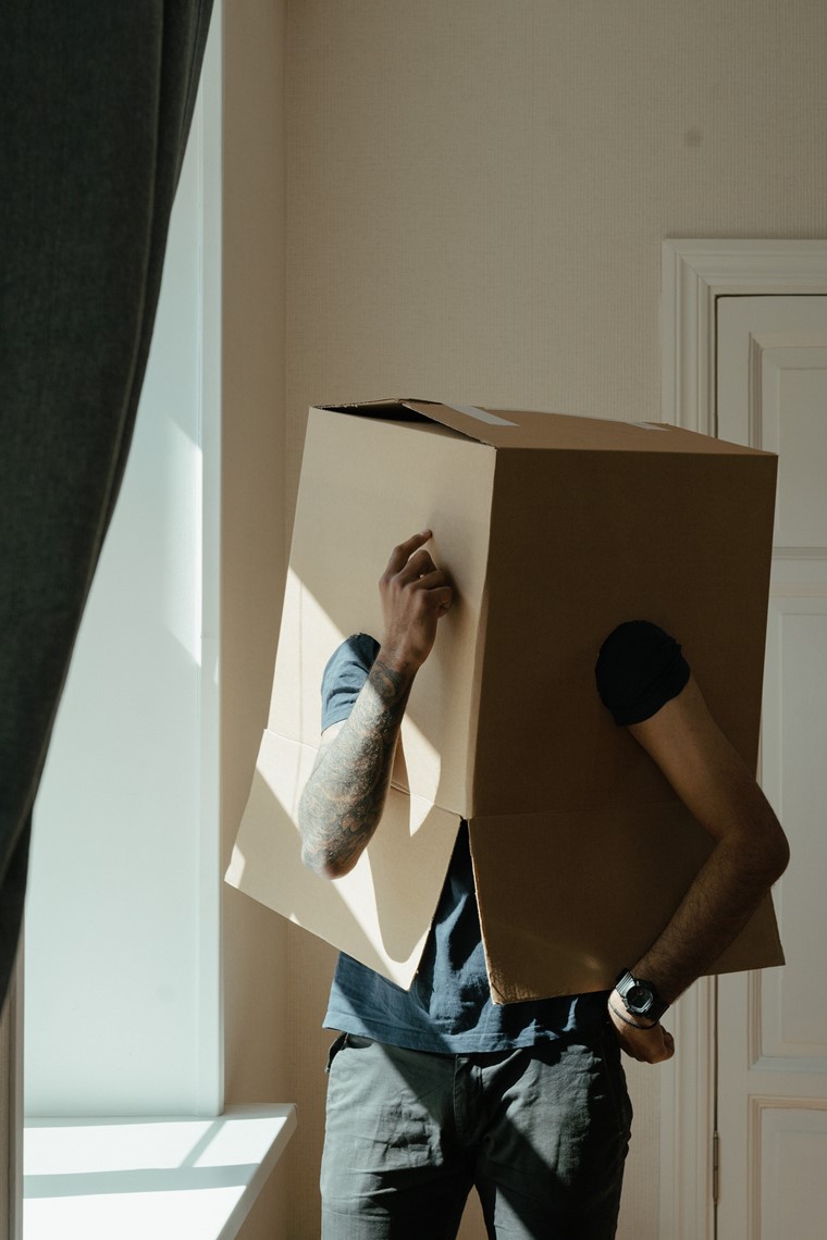 Person hiding in a cardboard box